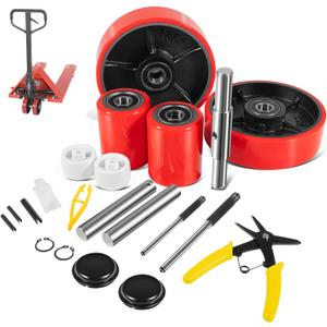 Pallet Jack/Truck Full Wheel Replacement Kit, Pair Steering Wheels (7"x 2"), Pair Front Load Roller(3" x 3.75"), with Pre-Installed Bearings, Axles, 20mm ID Poly Tread, Entry Rollers, Install Tool Kit
