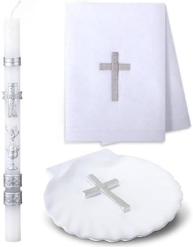Lyrow 3 Pcs Baptism Candle Set for Boys and Girls Baptism Kit Include Baptismal Candle, Towel, Shell for Kids Christenings Favor (Silver)