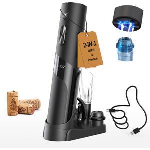 CIRCLE JOY Rechargeable Wine Opener Electric Wine Bottle Opener, 7-in-1 Wine Gift Set with Electric Vacuum Pump, Charging Station, Foil Cutter, Wine Aerator Pourer and 2 Wine Stoppers, Black