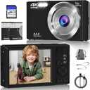 Digital Camera, FHD 4K 44MP Digital Camera, 16X Digital Zoom, Digital Point and Shoot Camera with 3-LED Fill Lights, 64GB SD Card, Compact Camera for Kids Teen Boys Girls, Black