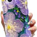 Case for iPhone 14 Exquisite Colorful Retro Oil Painting Cute Wave Edge Frame Phone Cover Soft Durable TPU Camera Protection iPhone 14 Case for Women Girls (Green/Purple Flower)