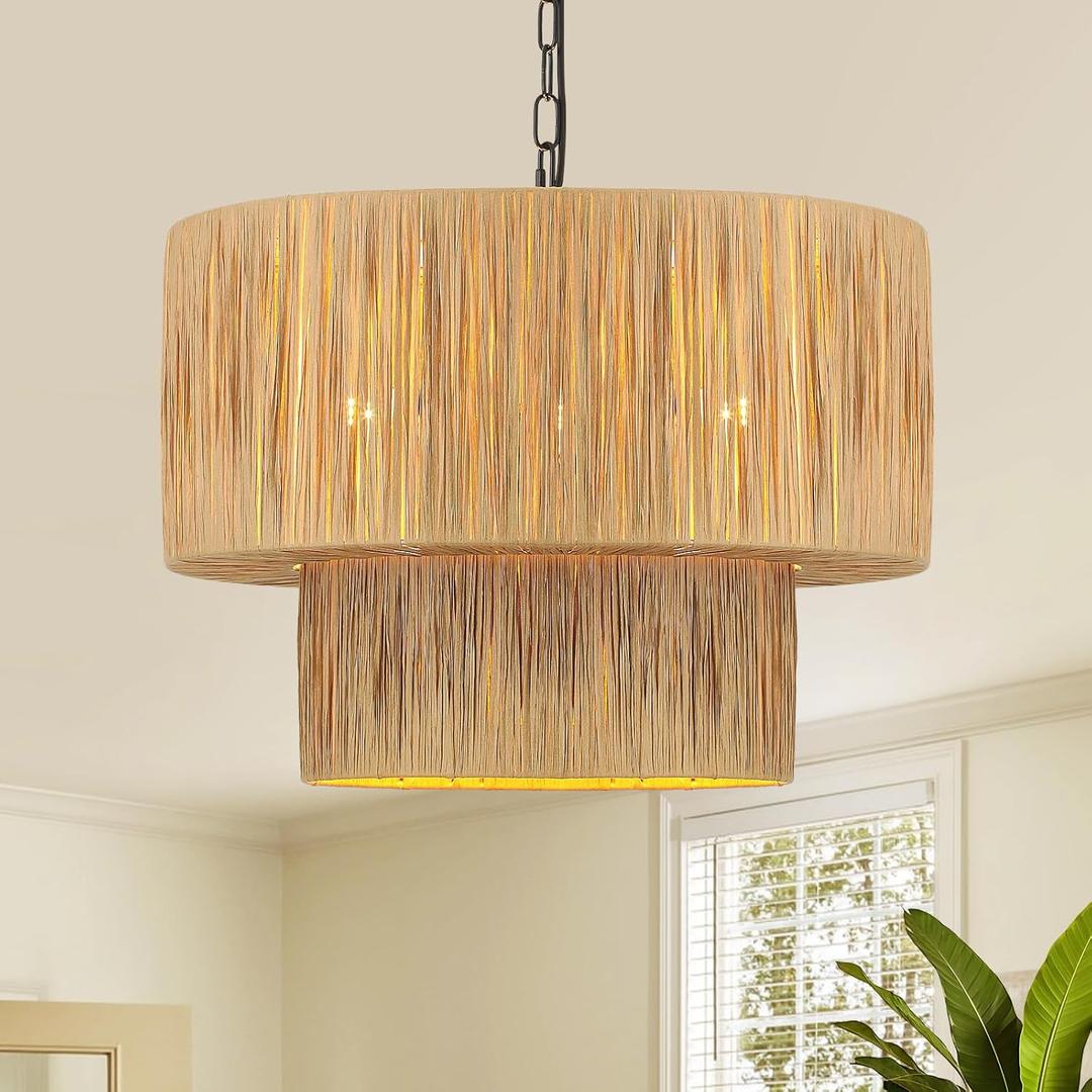 6-Light Boho Rattan Chandelier Light Fixture, 18.9" Large Raffia Drum Chandelier Hand Woven Coastal Pendant Light for Dining Room Kitchen Entryway Foyer Bedroom