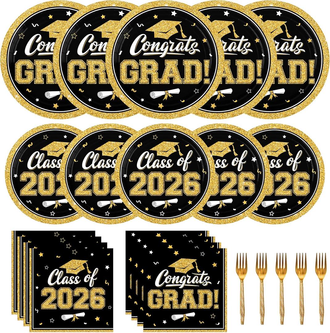 Black and Gold Graduation Decorations 2026,200Pcs Black Gold Graduation Plates and Napkins,Forks for Graduation Party Decorations, Class of 2026 Graduation Party Supplies,Serve 50