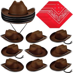 Funtery 10 Sets Kids Cowboy Hat and Red Bandanna for Age 3-10 Toddler Cowboy Hat for Boys Girls Birthday Cosplay Party Favors