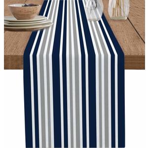 Stripe Table Runner-Navy Blue Gray White Cotton linen-Long 108 inche Dresser Scarves,Farmhouse Tablerunner for Kitchen Coffee/Dining/Sofa Table Bedroom Home Living Room,Scarf Decor for Holiday Dinner