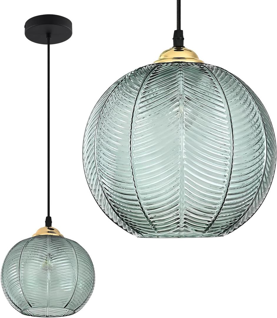 KCO Lighting Single Green Glass Pendant Light Large Globe Pendant Lighting Nordic Ribbed Ceiling Hanging Chandelier Light Vintage Dining Room Kitchen Island Light Fixture