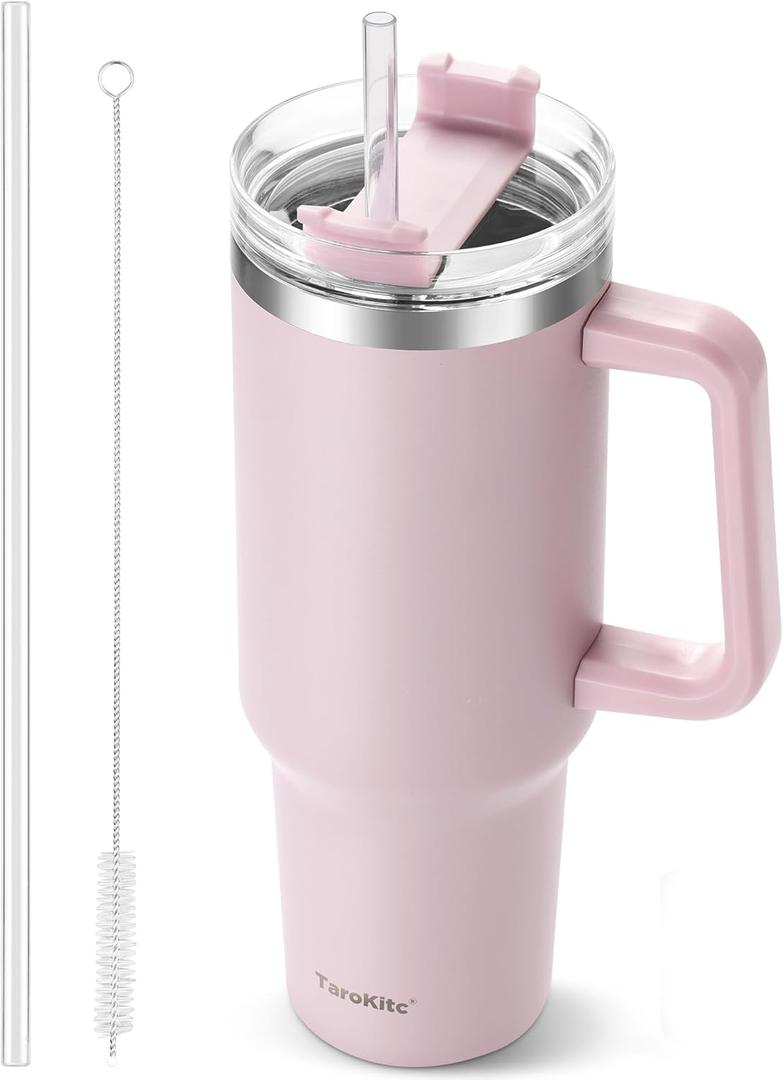 TaroKitc 40 oz Tumbler with Handle | Stainless Steel Insulated Iced Coffee Cup with Lids and Straw | Insulated Travel Mug | Keeps Cold for 34 Hours | Dishwasher Safe, BPA Free | LAVENDER