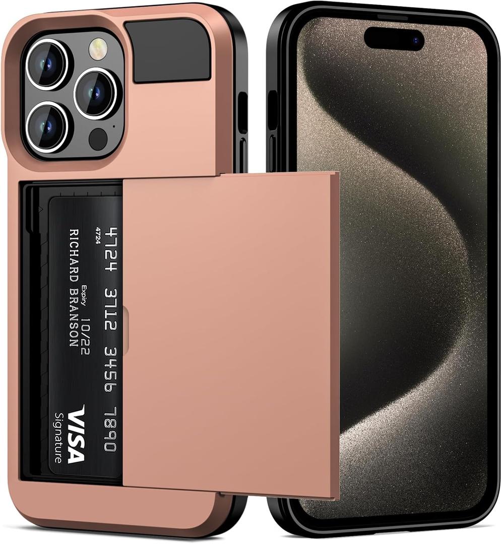 Vofolen Compatible with iPhone 15 Pro Case with Card Holder Dual Layer Shockproof Wallet Phone Case Hidden Card Slot Sliding Protective Hard Shell Back Cover Slim Case for iPhone 15 Pro 6.1'' RoseGold