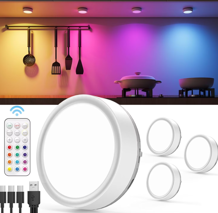 RGB Rechargeable Puck Lights with Remote, 2400mAh Battery Operated Tap Lights Stick On LED Under Cabinet Lighting Magnetic Classroom Push Light Kitchen Counter Touch Lamp Colored Press Button Light