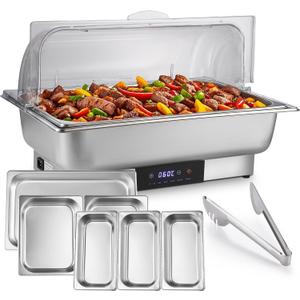 Electric Chafing Dish Buffet Server Set, Stainless Steel Full Size & Half-Size &Three-Section Food Pan with Temp Control, Roll Top Stainless Steel Food Warmers for Catering Buffet