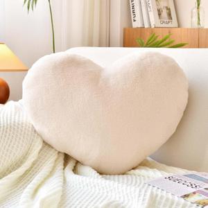 XVTRU Beige Heart Pillows, Cute Heart Decorative Pillow, Heart Shaped Throw Pillows for Bed, Faux Rabbit Fur Plush Hoom Decor Pillow Cushion for Chair Sofa Living Room (Large-19.6"x15.7")
