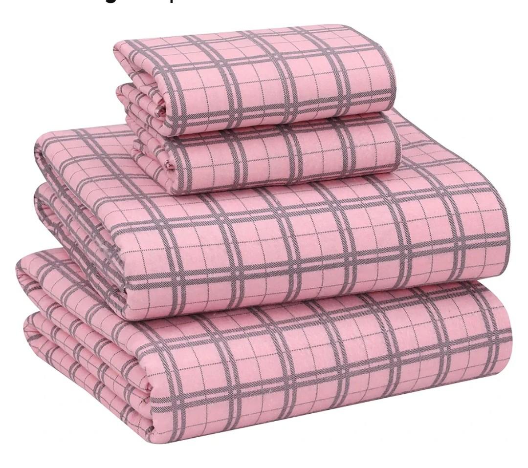 RUVANTI Flannel Sheets Queen Size - 100% Cotton Double Brushed Bed Sheets, Deep Pockets 16 Inches Queen Sheet Set, All Seasons Breathable & Extra Soft - Warm & Cozy, 4 Piece, Check & Bolt Pink