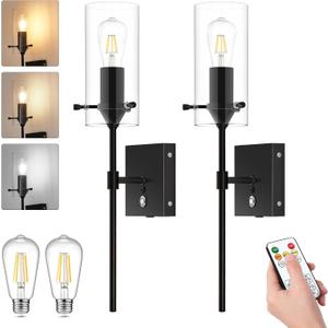 3-Color Battery Operated Wall Sconces Set of 2 with Remote, Dimmable Indoor Wireless Wall Light, Black Indoor Battery Powered Wall Lamp with Timer for Bedroom, Living Room, Bulb Included, 2-Pack