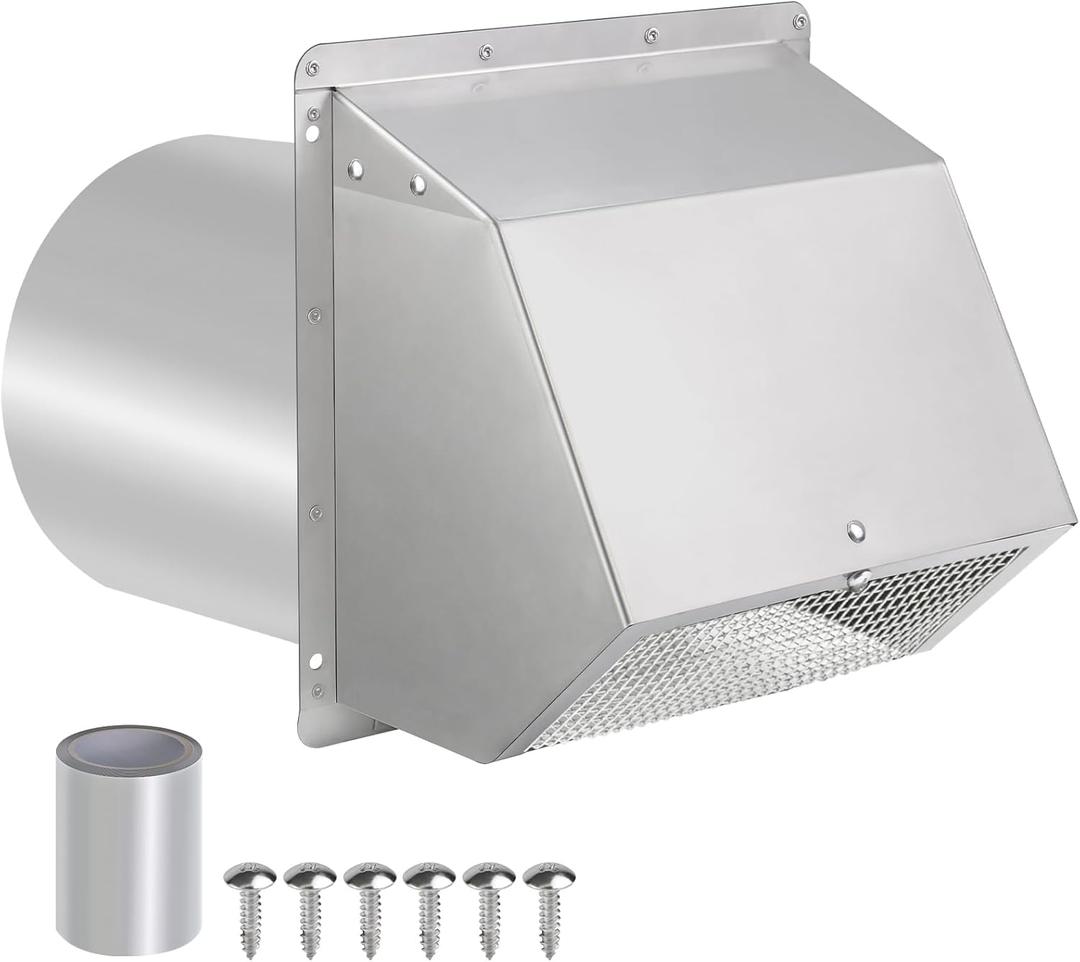 10 Inch Hooded Wall Vent with Screen and Damper, Exterior Wall Exhaust Vent Cover Cap for Kitchen Range Hood Dryer Ventilation and Outdoor Air Exhaust, Stainless Steel