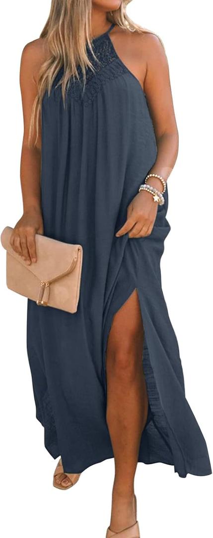 FARORO Sleeveless Long Dress for Women Boho Halter Maxi Sundress Casual Loose Dresses Split Cover Up Gown with Pockets (XX-Large, Navy)