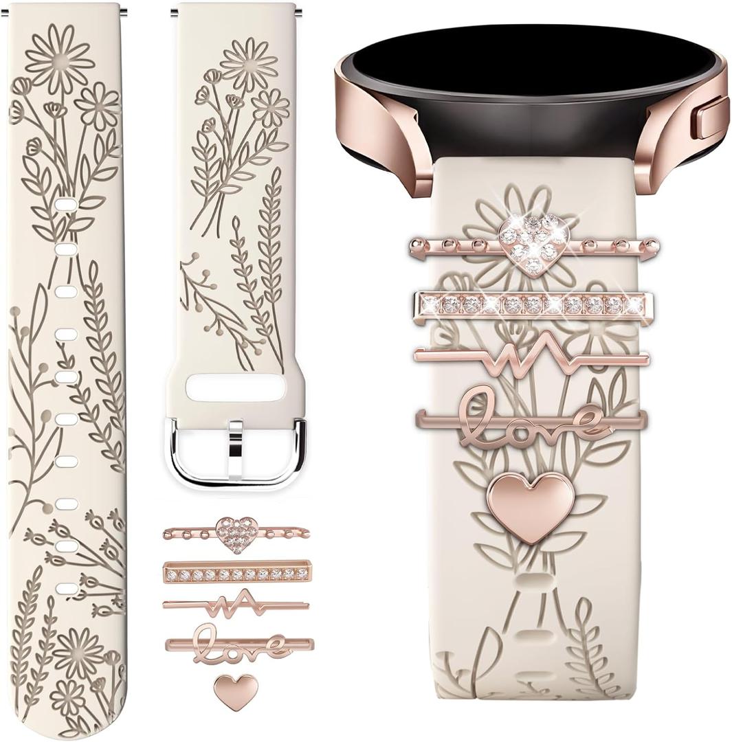 Wildflower Engraved Bands Compatible with Samsung Galaxy Watch 7 FE 6 4 5 Band 40mm 44mm, Galaxy Active 2, 20mm Soft Silicone Replacement Strap with Cute Decorative Charms Rings Accessories for Women (Starlight+5 Pcs Rose Gold Love)