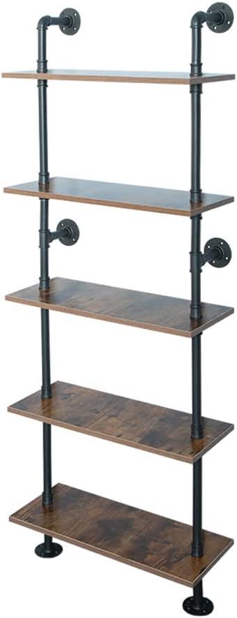 5 Shelf Industrial Pipe Shelving, Black Modern Bookcase Bookshelf, Wall Mount Ladder Shelf with Metal Frame Display Selves