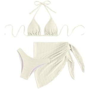 SHENHE Women's 3 Piece Textured High Cut Halter Triangle Bikini Swimsuit with Cover Up L