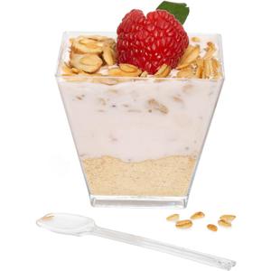 Ilyapa 2oz Plastic Dessert Cups - 50 Pack Mini Dessert Cups with Spoons - Clear Reusable Small Appetizer Cup for Cheesecake Shooters, Chocolate Mousse, Parfait - Party and Catering Supplies - Square