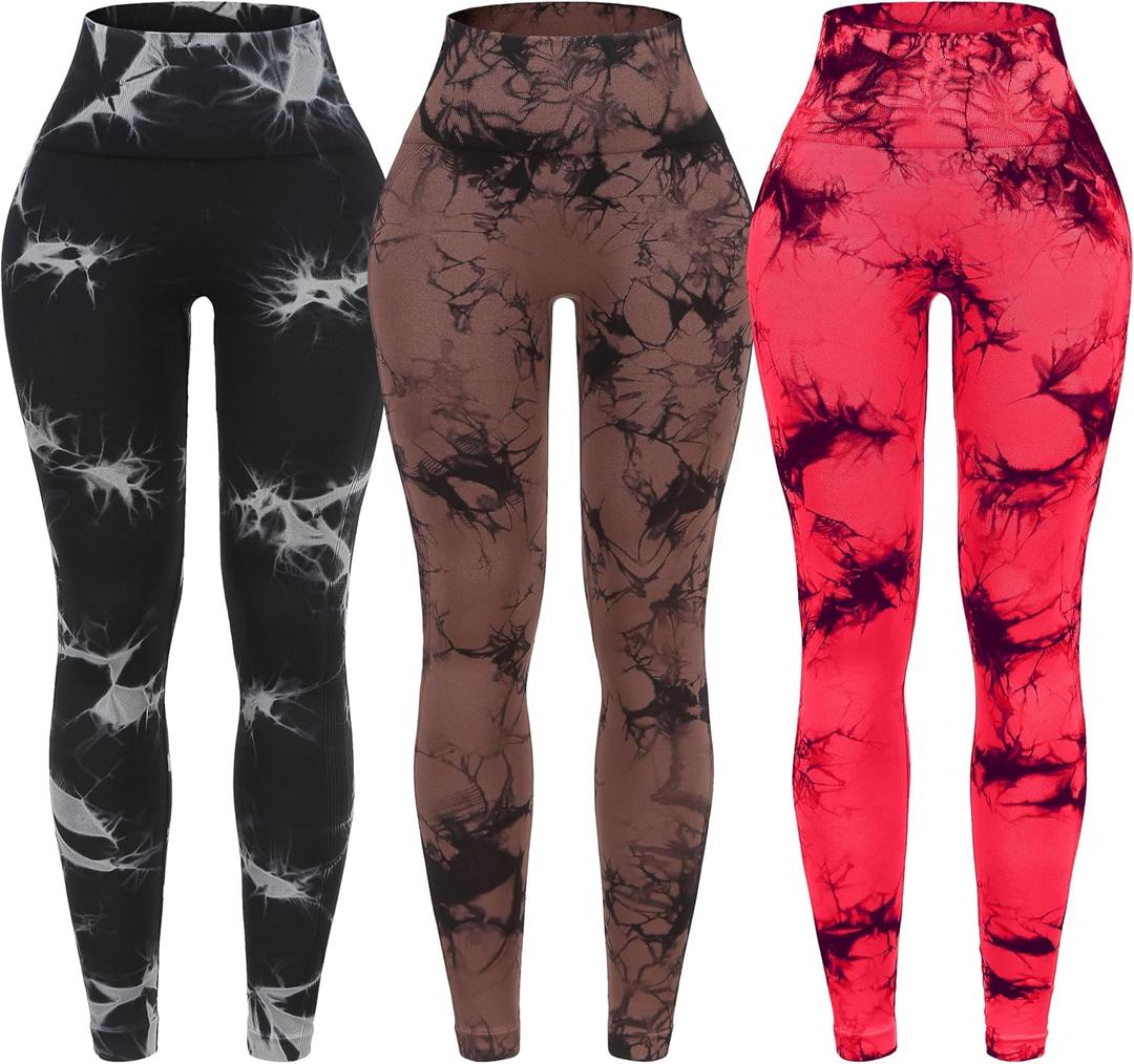 OVESPORT 3 Pack Tie Dye Seamless High Waisted Workout Leggings for Women Scrunch Butt Lifting Yoga Gym Athletic Pants (Small, Brown/Black/Light Red)