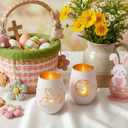 Easter Candle Holder, Frosted Egg-Shaped White Glass Tealight Votive Candle Holder with Bunny & Flower Design, Aesthetic Easter Decorations for Table, Spring Table Centerpiece, Easter Gift