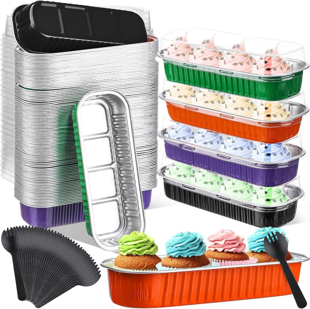 540 Pcs Mini Loaf Pans with Lids and Spoons 6.8 oz Rectangular Aluminum Foil Baking Pans Mini Cake Tins for Bread Desserts(Halloween Color,Rectangle Style) (Purple, Black, Dark Green, Orange)