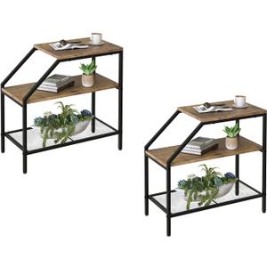 Wolawu End Table 3 Tiers 2pcs Wood Nightstand with Storage Ladder Shelf,Industrial Sofa Side Table for Small Space, Modern Trapezoid Plant Stand in Living Room Bedroom,Gold Metal Frame (Brown)