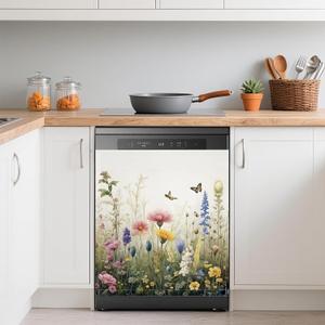 Dishwasher Magnets Decorative Cover,Rustic Wildflowers Refrigerator Magnet Cover,Washable Spring Garden Floral Butterfly Dishwasher Front Panel Cover Home Kitchen Decoration 23x26 Inch