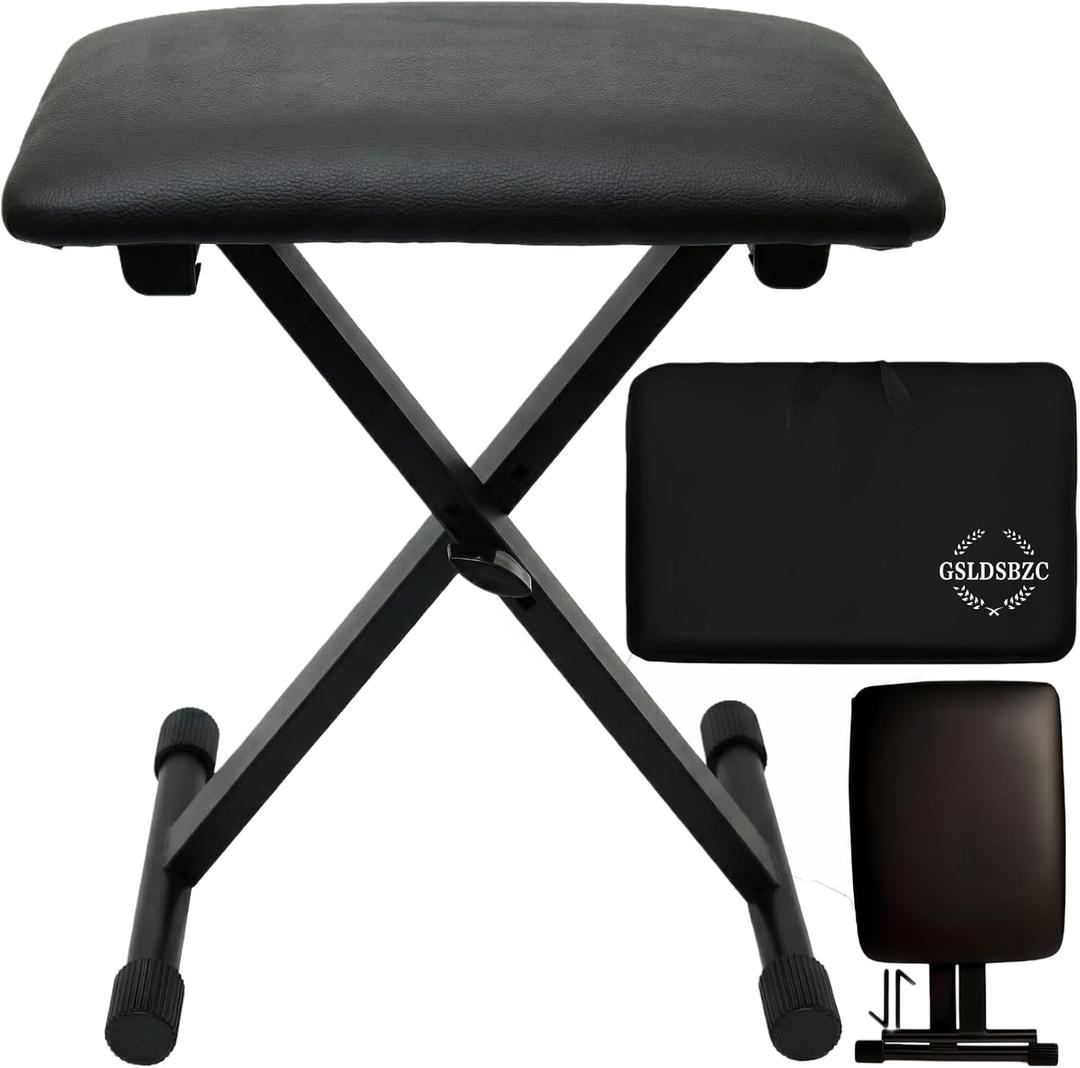 Adjustable Keyboard Bench with Extra-Thick Seat & Carrying Bag, Folding Piano Stool for Adults/Kids, Portable Height Adjustable Organ Stool, Heavy-Duty 400lbs Capacity Non-Slip Feet - Black, Standard