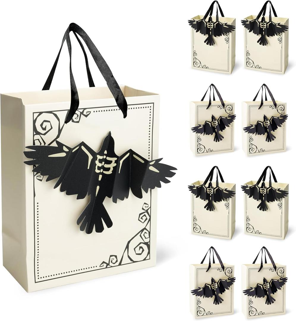 Cheerland 8pcs Halloween Party Favor Bags with Gothic Paper 3D Crow for Birthday EMO Paper Bags Snack Bag Raven Halloween Goodie Bag Candy Bag 3D Crows Summerween Party Supplies Trick or Treat Bag