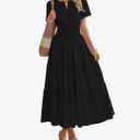 BTFBM Women's Summer 2025 Casual Midi Maxi Dresses Lightweight Short Sleeve V Neck Elastic Waist Boho Beach Dress Pockets, L