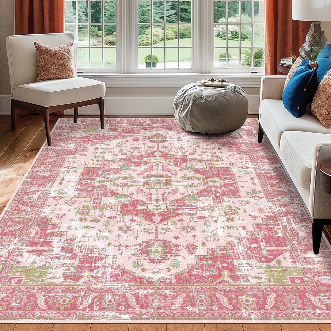 Vintage Area Rugs Living Room Boho Washable Hop Pink Green 5x7 Neutral Modern Non Slip Carpet for Nursery Dining Room Bedroom Farmhouse