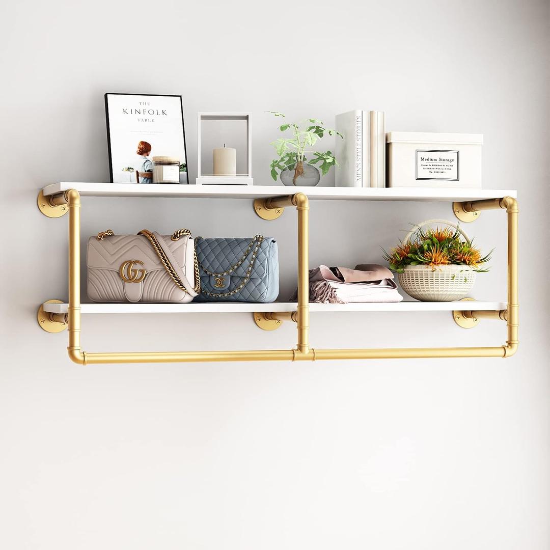 HOMEKAYT 48'' Industrial Pipe Shelving Floating Wall Shelves 2 Tier Gold Shelves Multiple Use for Kitchen, Bedroom,Living Room,Bathroom