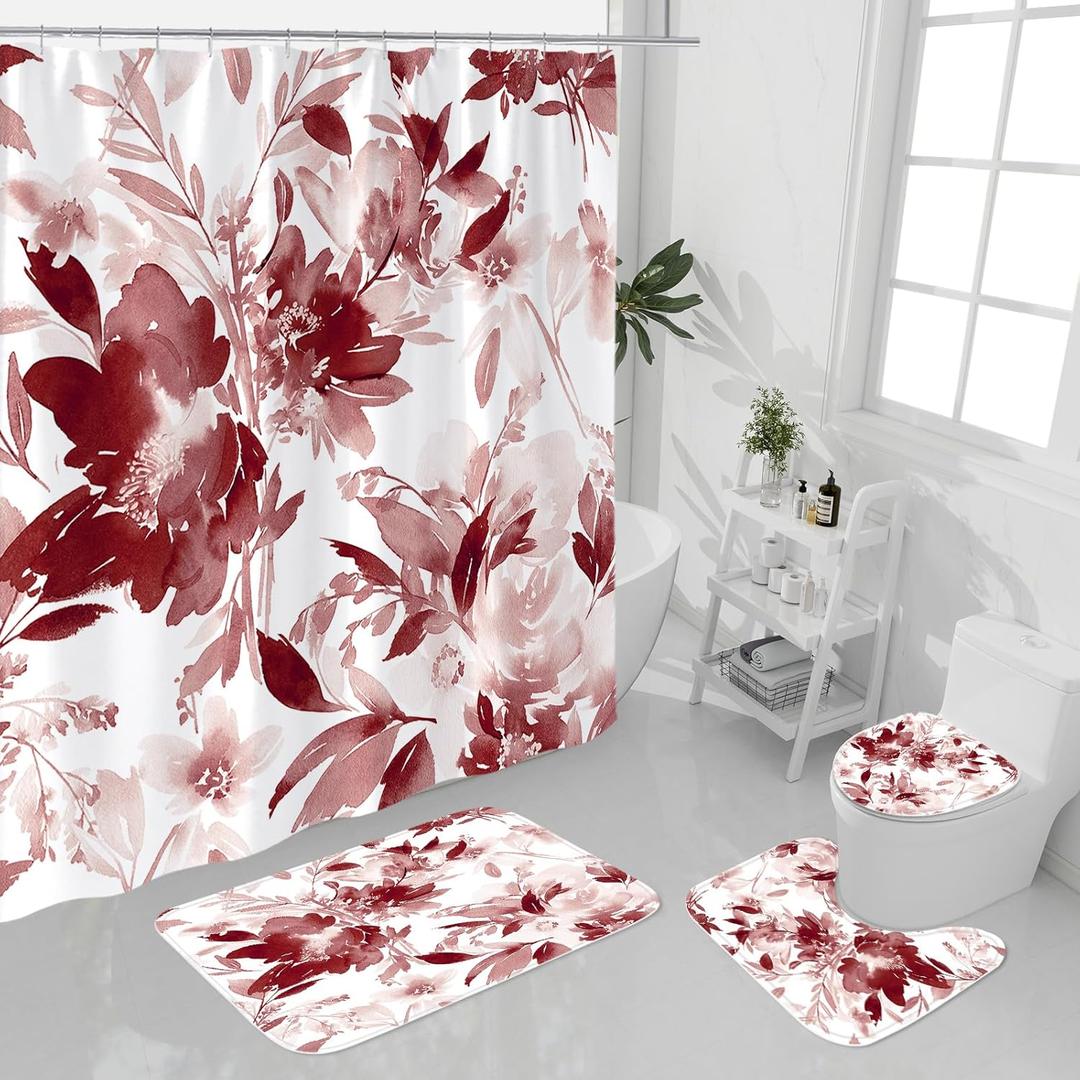 4 Pcs Burgundy Watercolor Floral Shower Curtain Sets with Rug, Toilet Lid Cover and Bath Mat, Botanical Flower Shower Curtain for Purple Bathroom Decor, White Fabric Waterproof Bathroom Set
