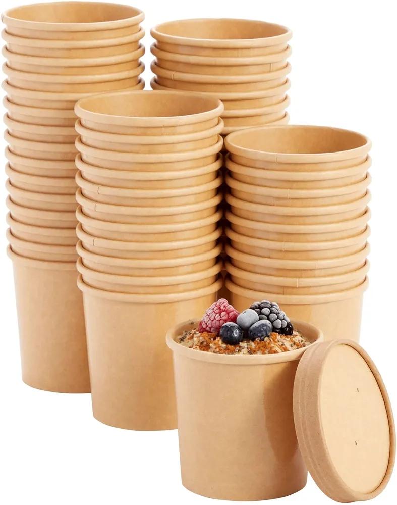 Juvale 50-Pack 12 oz To Go Soup Containers with Lids, Disposable Paper Bowls with Vented Lids, Cups for Ice Cream, Dessert, Frozen Yogurt, Oatmeal (Brown)