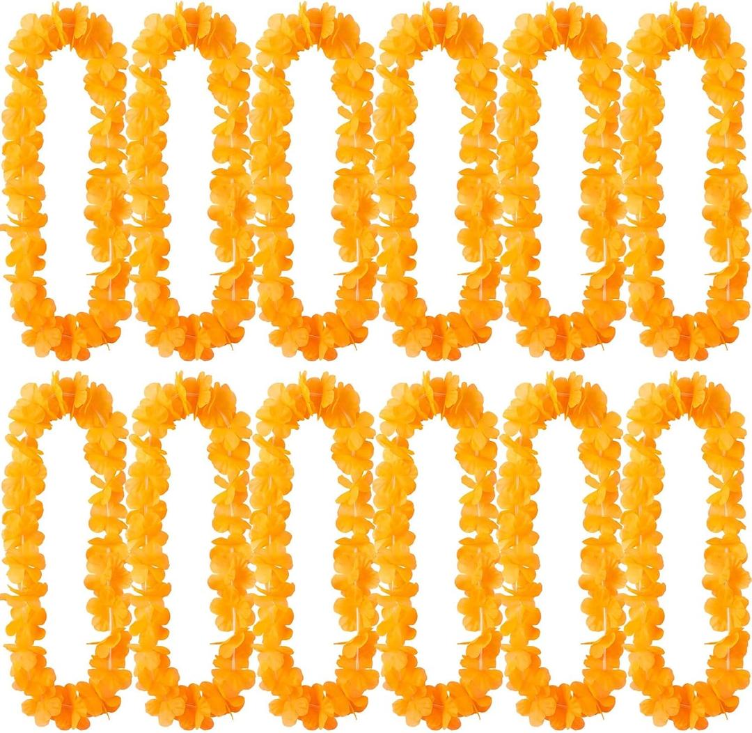 Suncalla 12 Pcs Hawaiian Leis Garland Ruffled Hula Aloha Flower Necklaces Luau Hen Stag Hawaiian Fancy Dress Decorations for Adults Beach Tropical Themed Birthday Summer Party Favors(Orange)