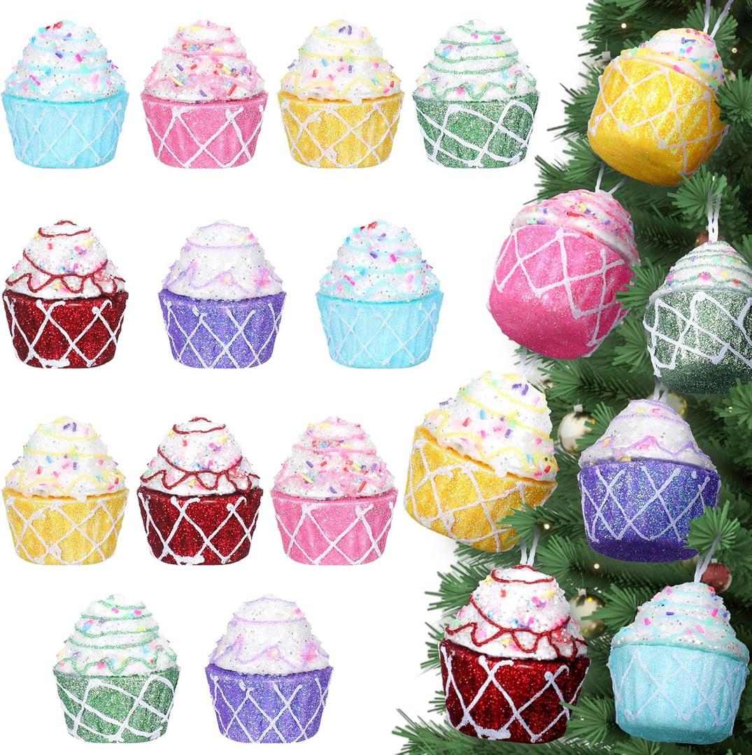 12 Pcs Cupcake Ornaments Set Christmas Hanging Christmas Tree Foam Cupcake Pastel Mini Dessert Ornaments for Xmas Tree Decoration Party Supplies