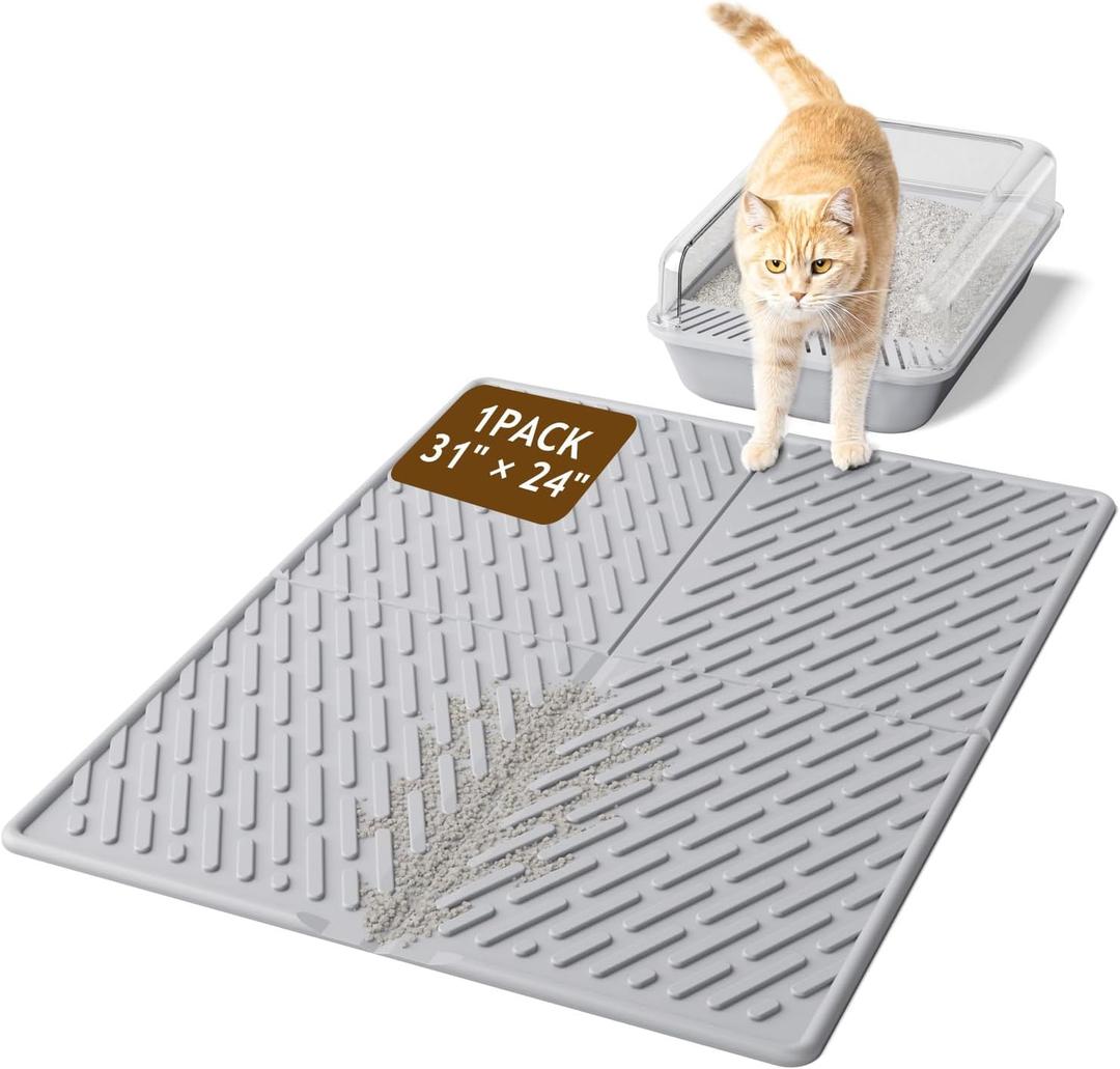 Cat Litter Mat with Grooves & Raised Edge,Urineproof/Waterproof,Litter Scattering Control,Easy to Clean (31 * 24in-Grey-1)
