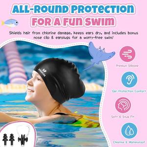 2 Pack Kids Swim Cap for Girls Boys, 2 Size Silicone Swimming Cap for Age 3-15 Toddlers Children Teens, Waterproof Swim Hats Bathing Caps for Long Hair Short Hair to Keep Hair Dry-08