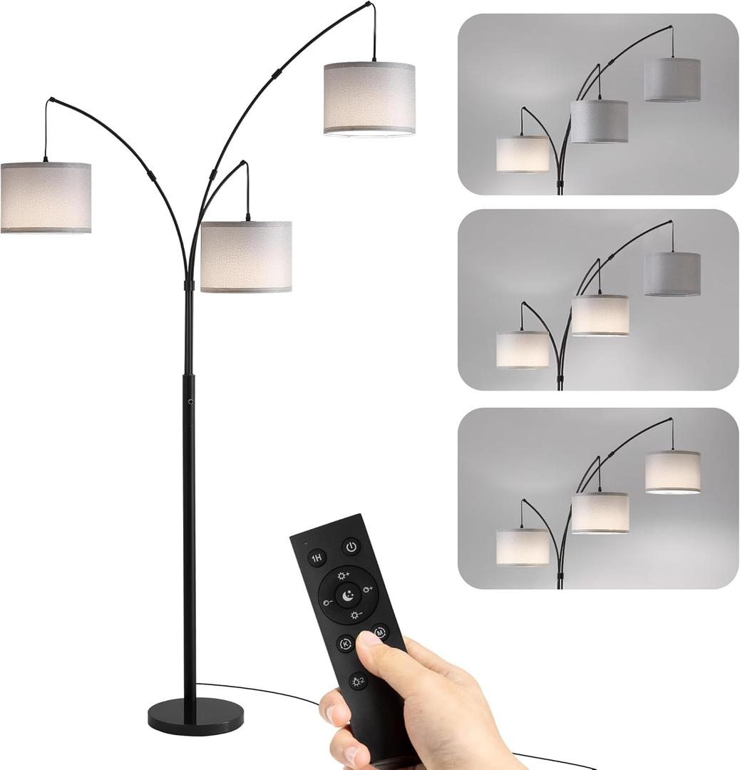 Floor lamp with Remote, 3 Light Arc Floor Lamps for Living Room, 2400LM Tall Standing Floor Lamps with Gray Shades, 80" Large Floor Lamp for Bedroom, Office