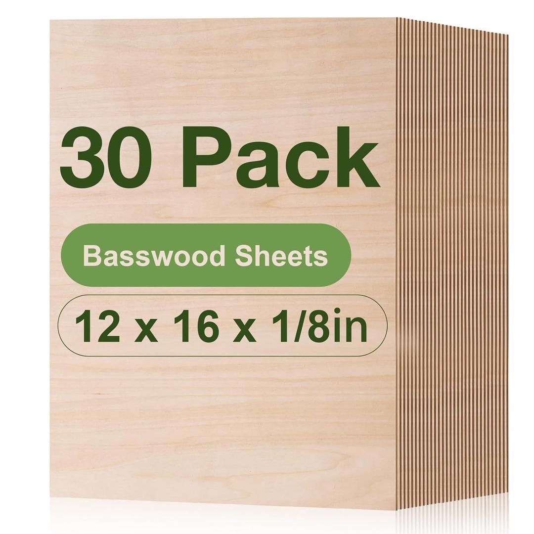 30 Pack Basswood Plywood, 12 x 16 x 1/8 Inch 3mm Plywood for Laser Cutting and Engraving, Thin Unfinished Wood Sheets Blanks for Architectural Models and DIY Wood Crafts