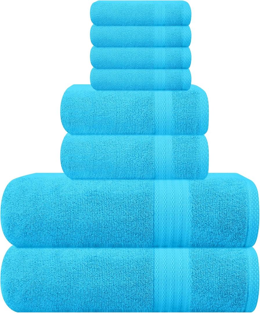 GLAMBURG Ultra Soft 8-Piece Towel Set -100% Pure Ringspun Cotton, Contains 2 Oversized Bath Towels 27x54, 2 Hand Towels 16x28, 4 Wash Cloths 13x13 - Ideal for Everyday use, Hotel & Spa -Turquoise Blue