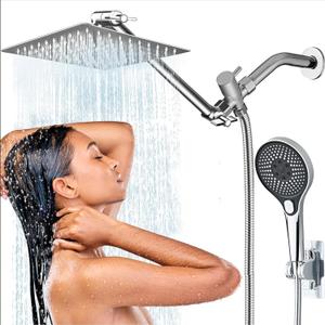 Shower Head,10'' Rain Shower Head with 11'' Angle Adjustable Extension Arm and Handheld Spray Combo/Flow Regulator/Shower System/Angle Adjustable/5Ft Hose, Height (Chrome, 8 Inch)