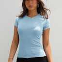 Dwnval Womens Basic Summer Short Sleeve Crewneck T Shirt Raglan Ribbed Knitted Slim Fit Casual Going Out Tops (Blue, XL)