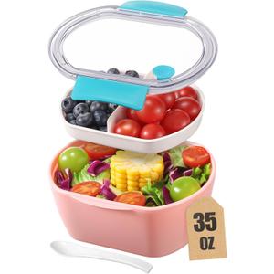 Small Salad Container for Lunch-35oz Divided Bento Box Lunch Box for Fresh Meals,Portable Salad Bowls To Go with 2-Compartment Tray Meal PrepLeak Proof Tritan Lid, Dishwasher & Microwave SafePink