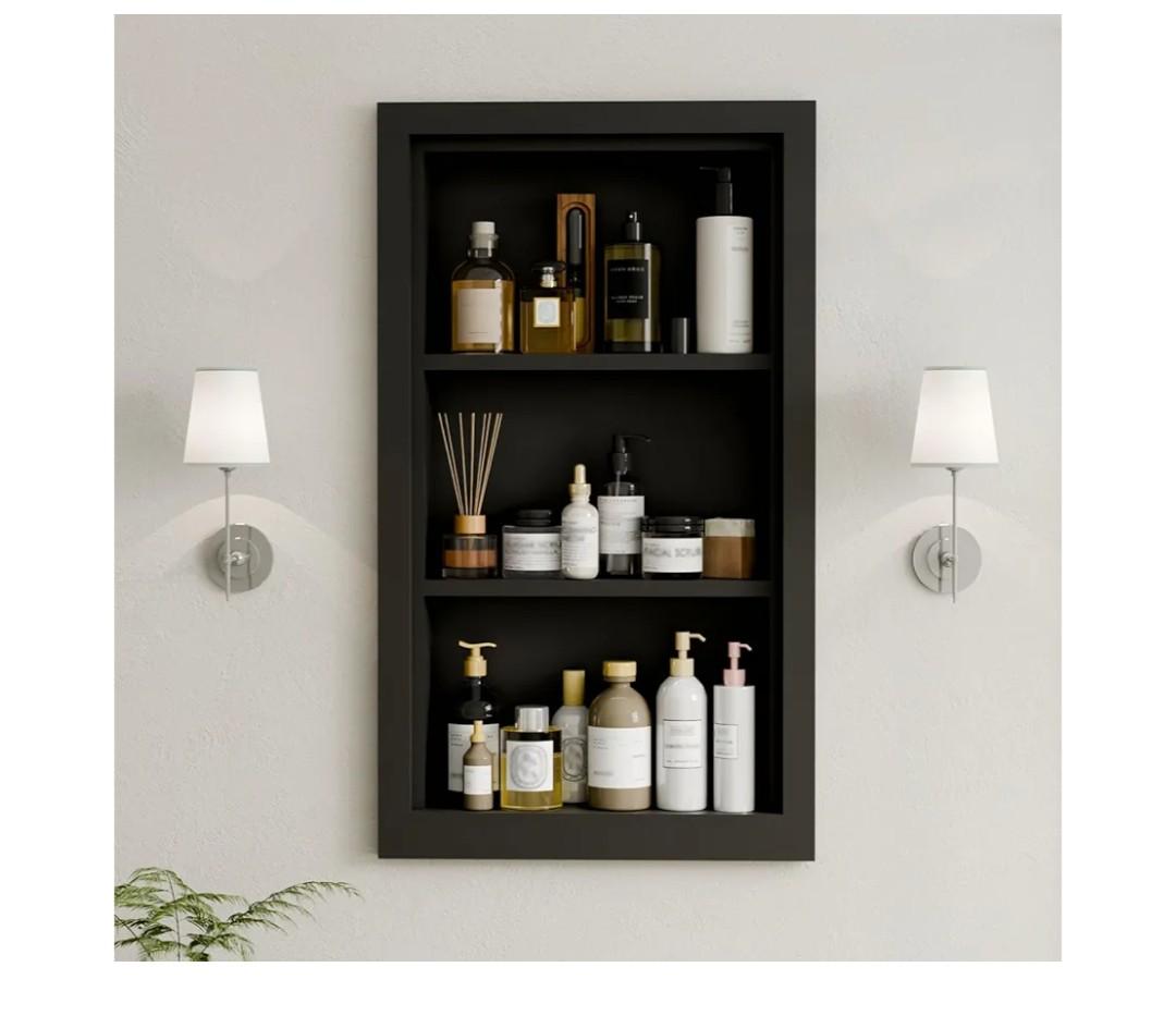 Solid Wood 14 X 24 Recessed Medicine Cabinet,3-Tier, Medicine Cabinet Organizer,Wall Niche, Bathroom Wall Cabinet, Recessed Bathroom Cabinet,recessed Wall Cabinet, Black