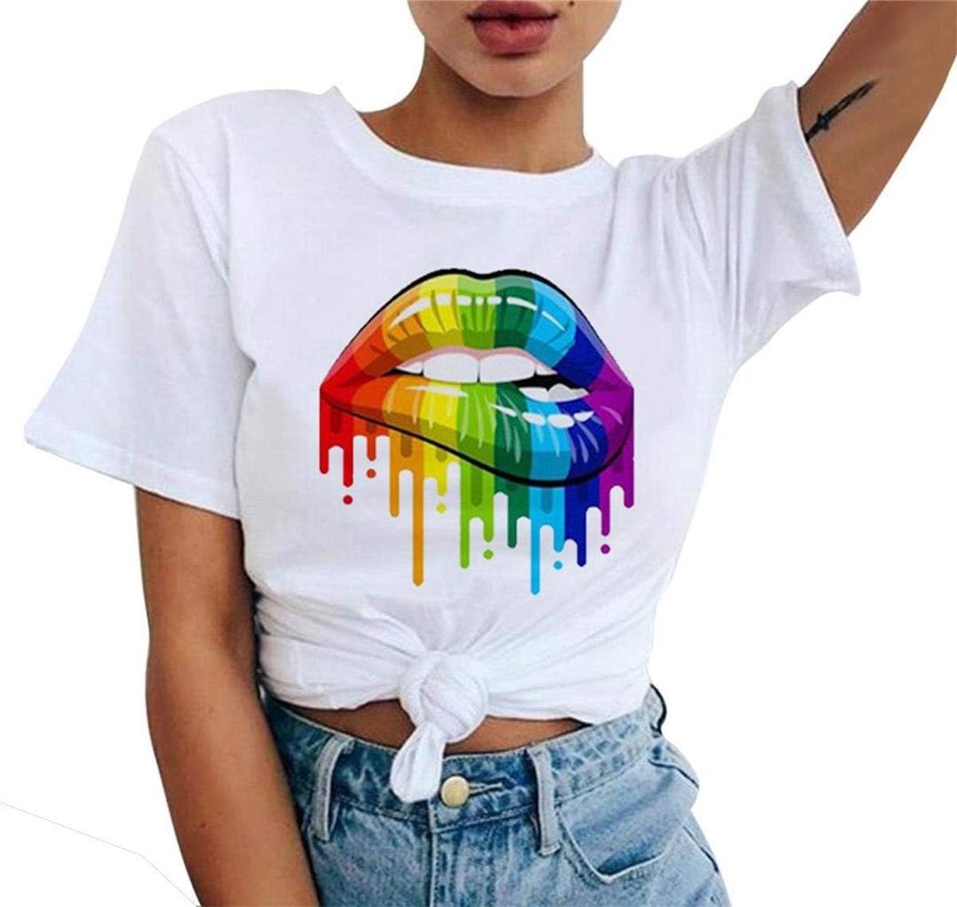 Smile Fish Crewneck Pride Shirts LGBTQ Rainbow Tops Graphic Short Sleeve Tees (XX-Large, Women 5# Lips)