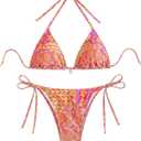 WDIRARA Women's 2 Piece Floral Print Swimsuits Geometric Halter String Triangle Bikini Set Beach Bathing Suit (Pink Yellow Multi, Extra Small)