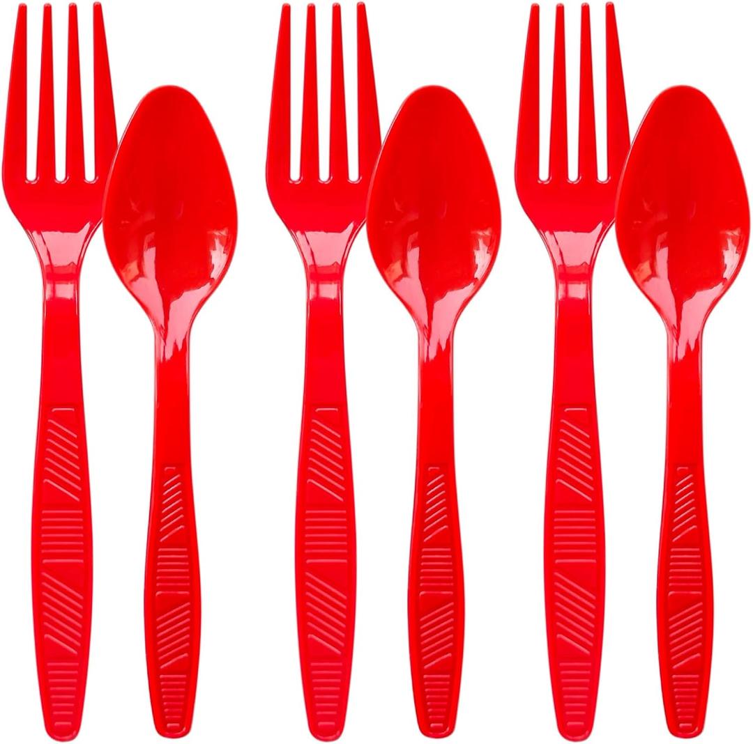 Plastic Forks and Spoons Heavy Duty, Red Disposable Plastic Silverware Set for Party Supplies 96PCS