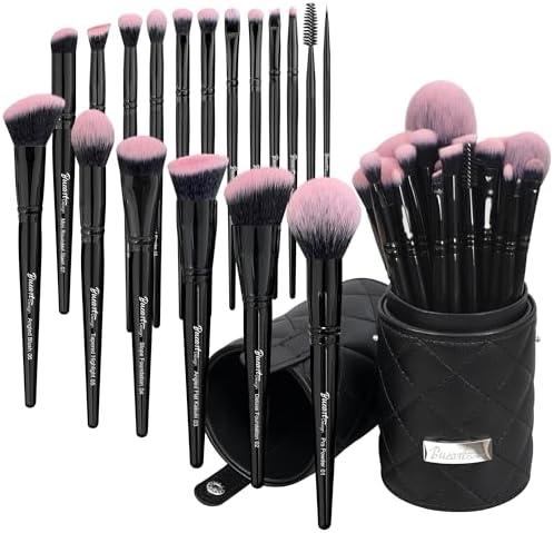 Bueart Design 18‑Piece Pro Deluxe Makeup Brush Set (Fuchsia Pink & Black) with Travel Holder Case – Includes Foundation, Concealer, Contour, Blush & Eyeshadow Brushes